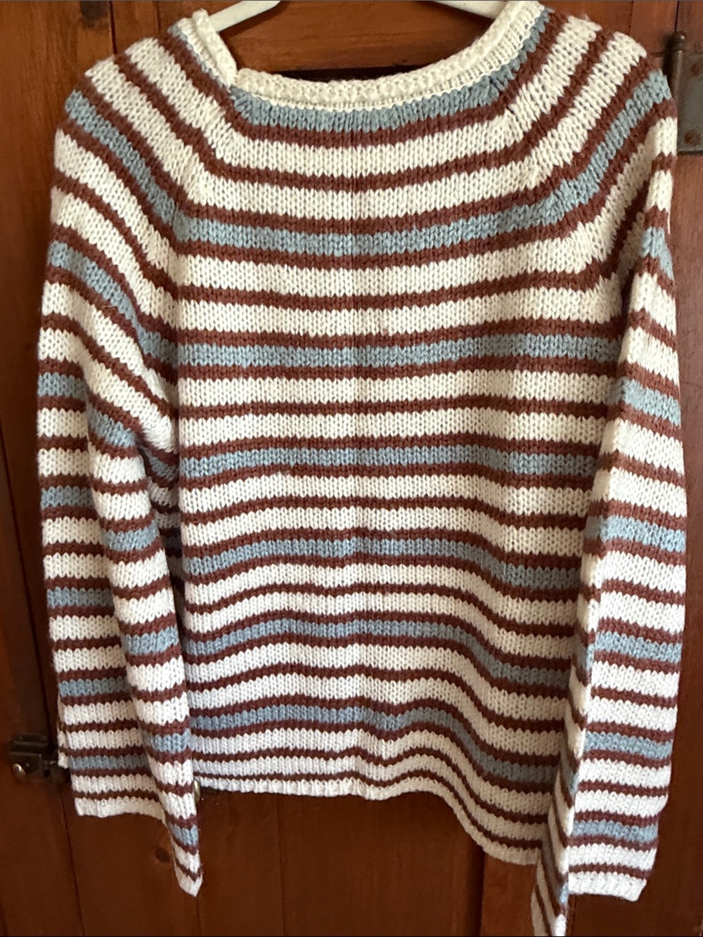 HYFVE Striped V-Neck Pocket Sweater in Cream, Brown & Light Blue - Picture 4 of 4